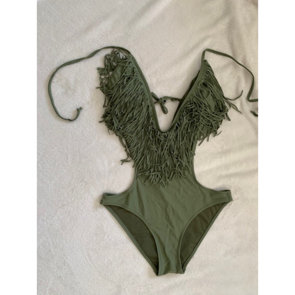 Deep V Olive Green Fringe One Piece Bathing Suit
